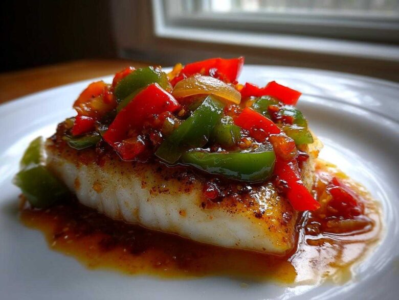 A close-up of a perfectly cooked fillet of Tilapia in Pepper Sauce topped with colorful bell peppers.