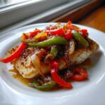 A close-up of a pan-seared fillet of Tilapia in Pepper Sauce, topped with sautéed red and green bell peppers and onions.