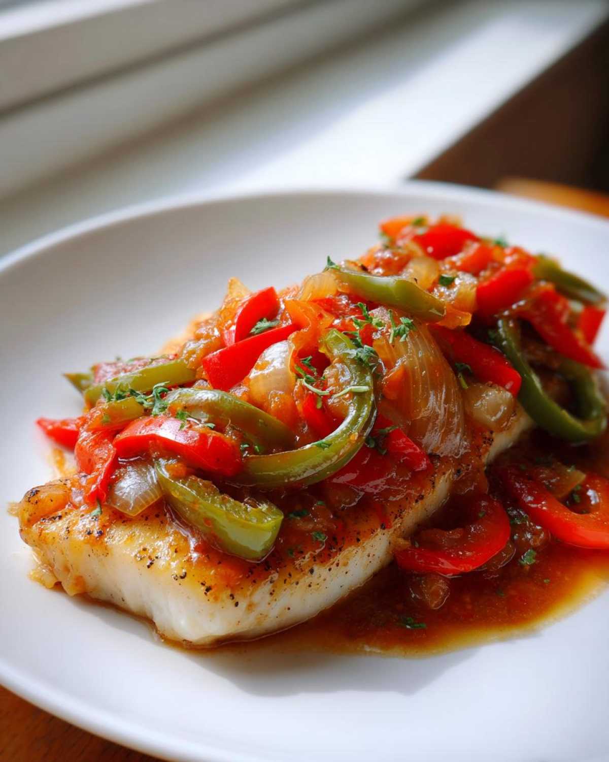 A close-up of a seasoned Tilapia in Pepper Sauce topped with sautéed red and green bell peppers and onions.