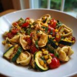 A close-up of a white bowl filled with Tortellini with Summer Veggies, featuring zucchini, corn, and cherry tomatoes.