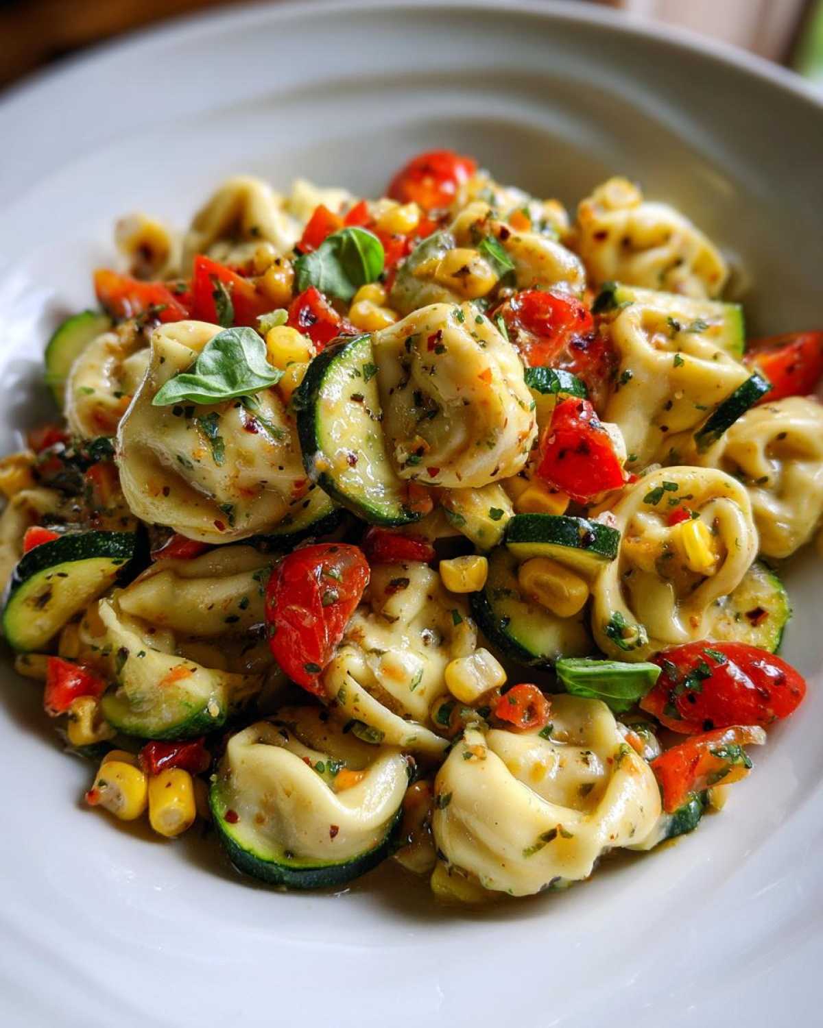 A close-up, appetizing shot of Tortellini with Summer Veggies, featuring zucchini, cherry tomatoes, and corn, garnished with basil.