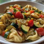 A close-up, bright photo of Tortellini with Summer Veggies, featuring zucchini, cherry tomatoes, and corn.